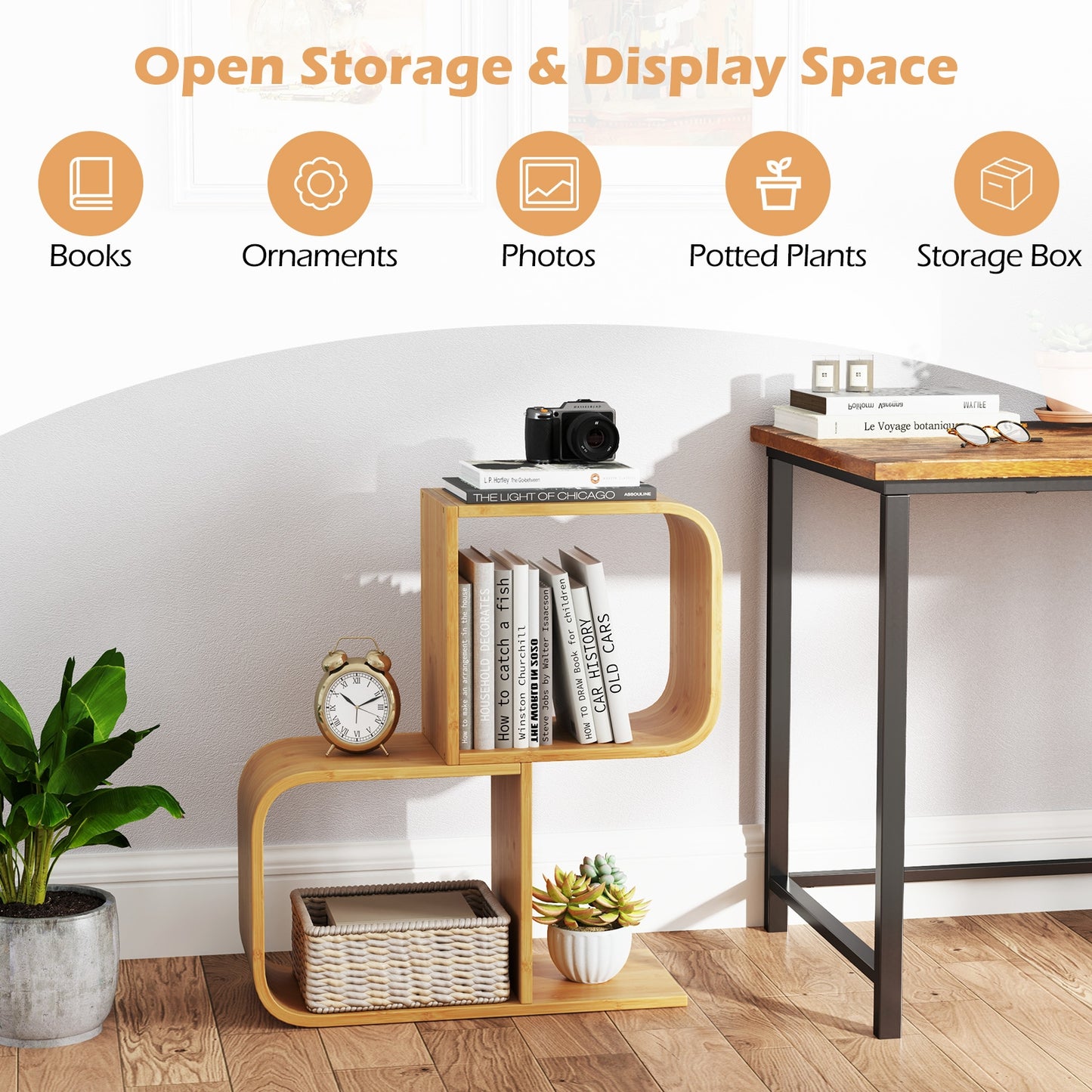 2-Tier S-Shaped Bamboo Bookcase with 2 Open Cubes for Living Room-Natural Kids Crystal