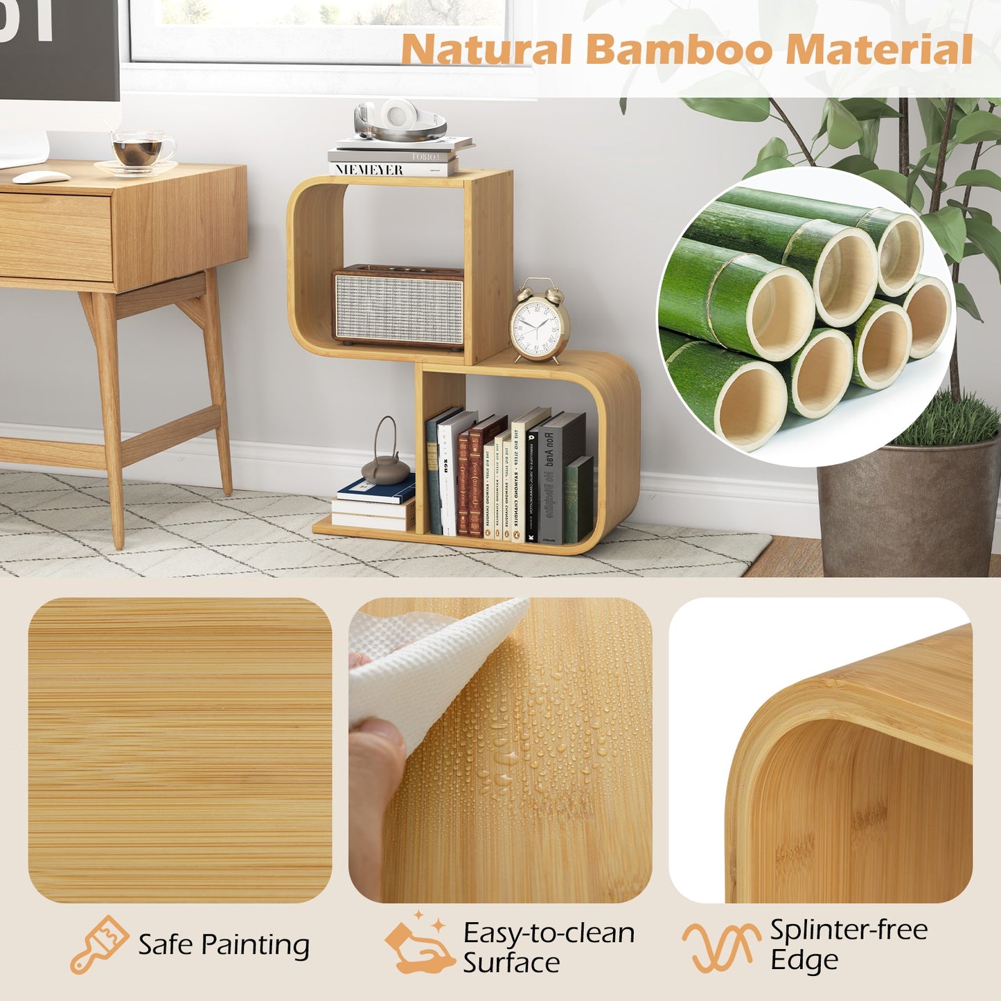 2-Tier S-Shaped Bamboo Bookcase with 2 Open Cubes for Living Room-Natural Kids Crystal