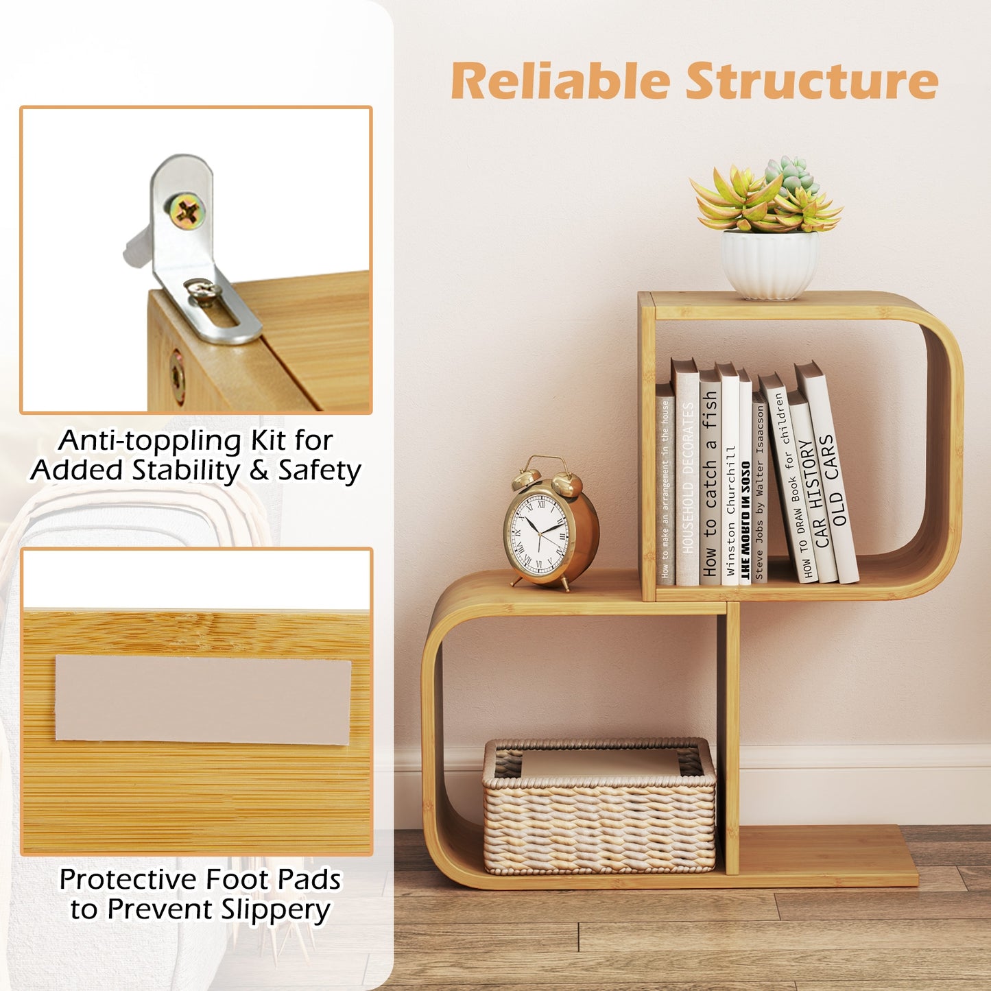 2-Tier S-Shaped Bamboo Bookcase with 2 Open Cubes for Living Room-Natural Kids Crystal
