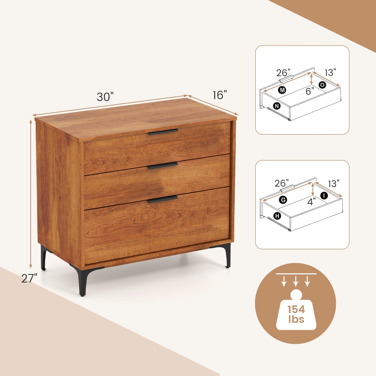 3 Drawer Dresser with Interlock System for Bedroom Living Room-Cherry Kids Crystal