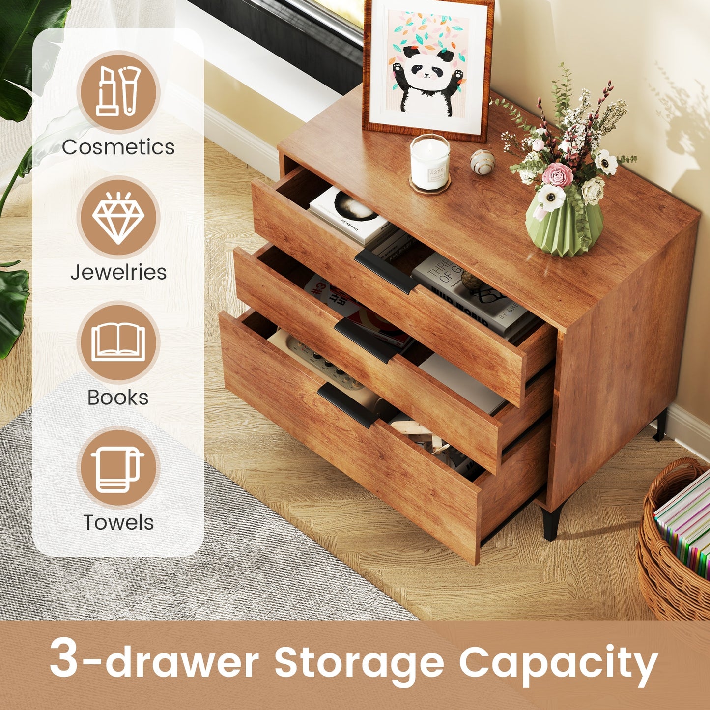 3 Drawer Dresser with Interlock System for Bedroom Living Room-Cherry Kids Crystal