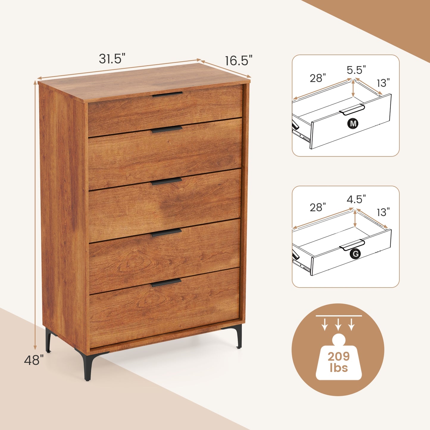 5-Drawer Dresser with Interlock System for Bedroom Living Room-Cherry Kids Crystal