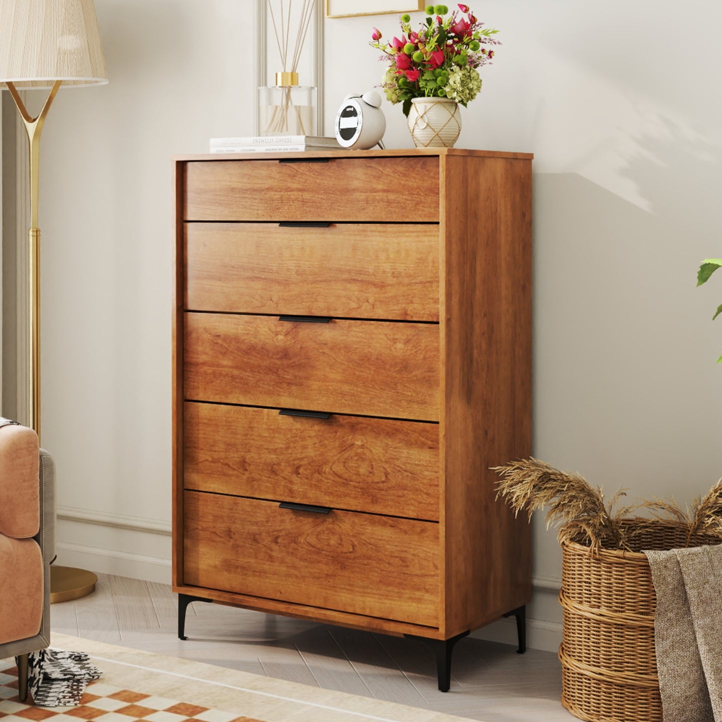 5-Drawer Dresser with Interlock System for Bedroom Living Room-Cherry Kids Crystal