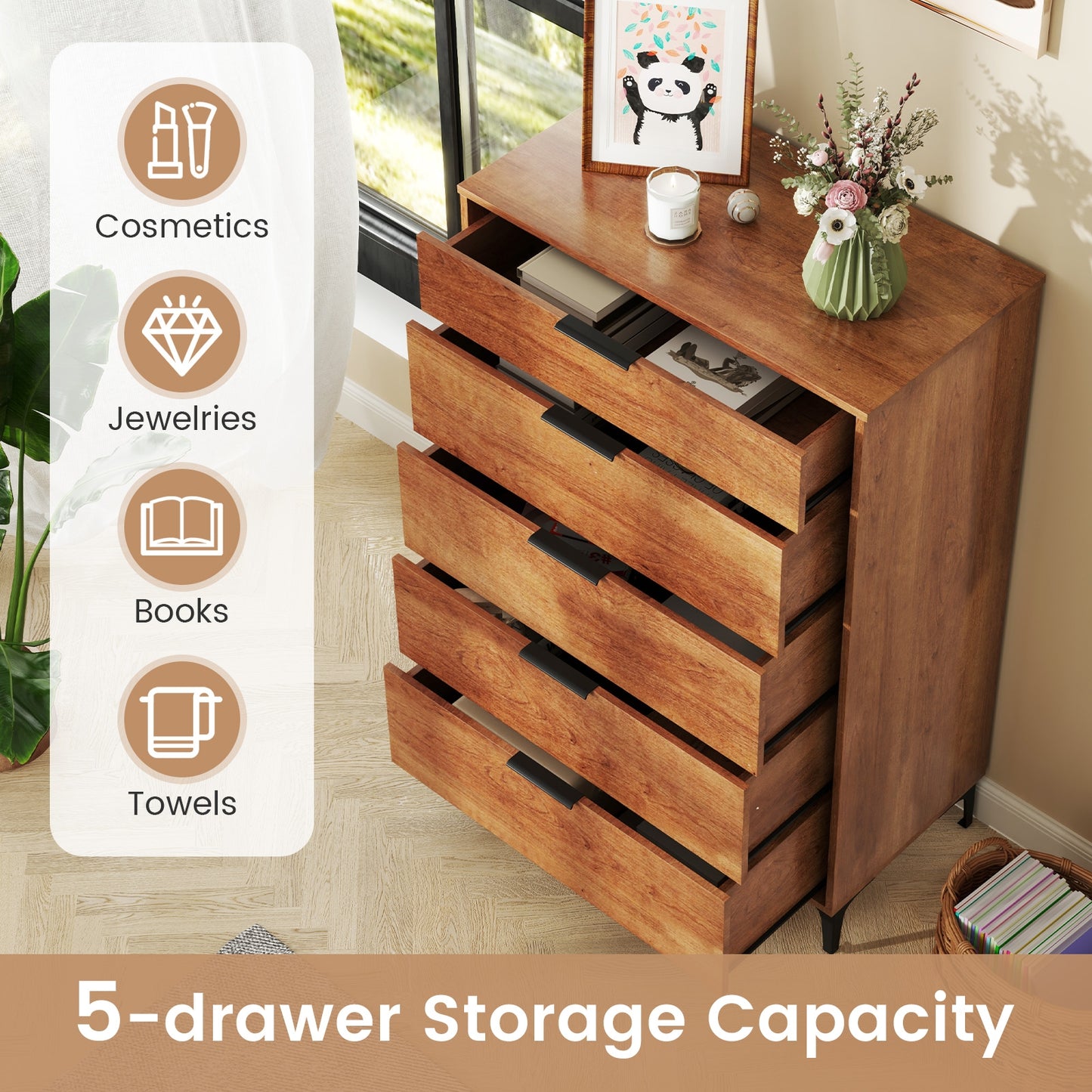 5-Drawer Dresser with Interlock System for Bedroom Living Room-Cherry Kids Crystal