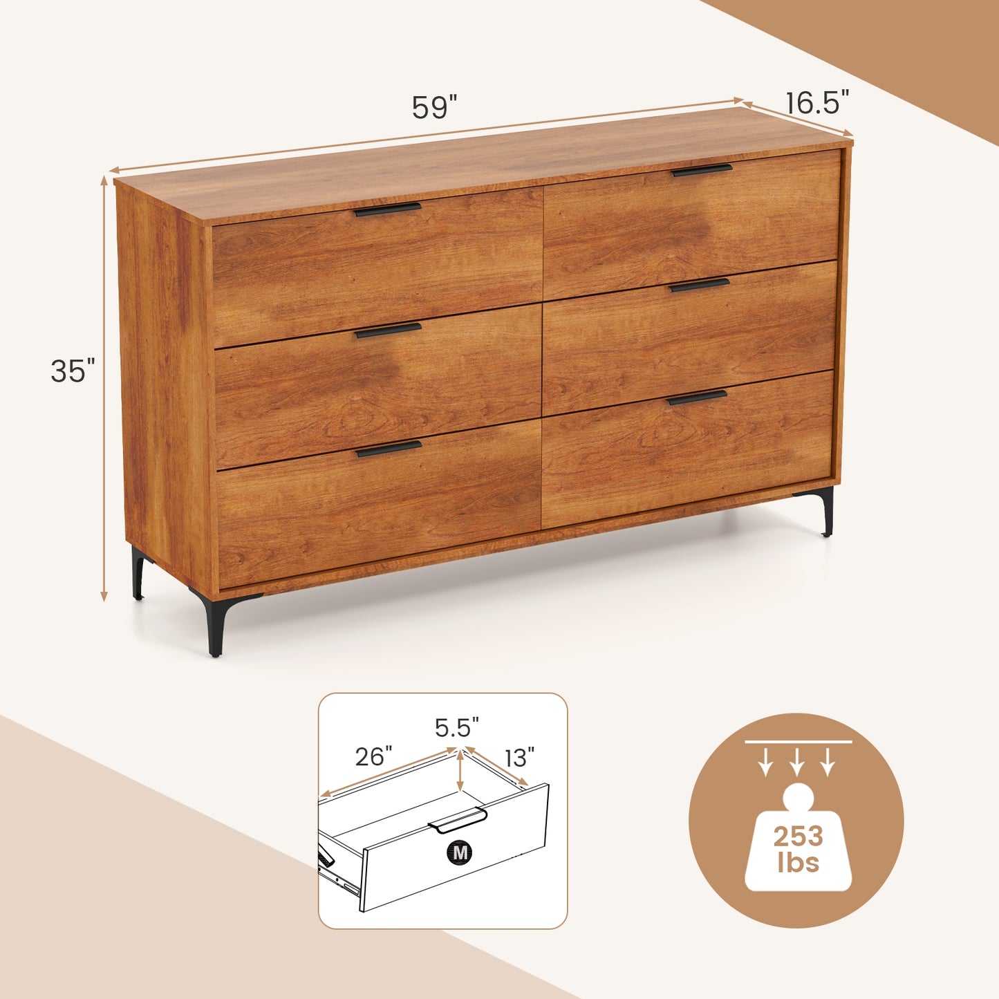 6-Drawer Dresser with Interlock System for Bedroom Living Room-Cherry Kids Crystal