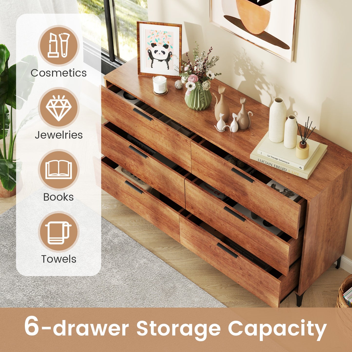 6-Drawer Dresser with Interlock System for Bedroom Living Room-Cherry Kids Crystal