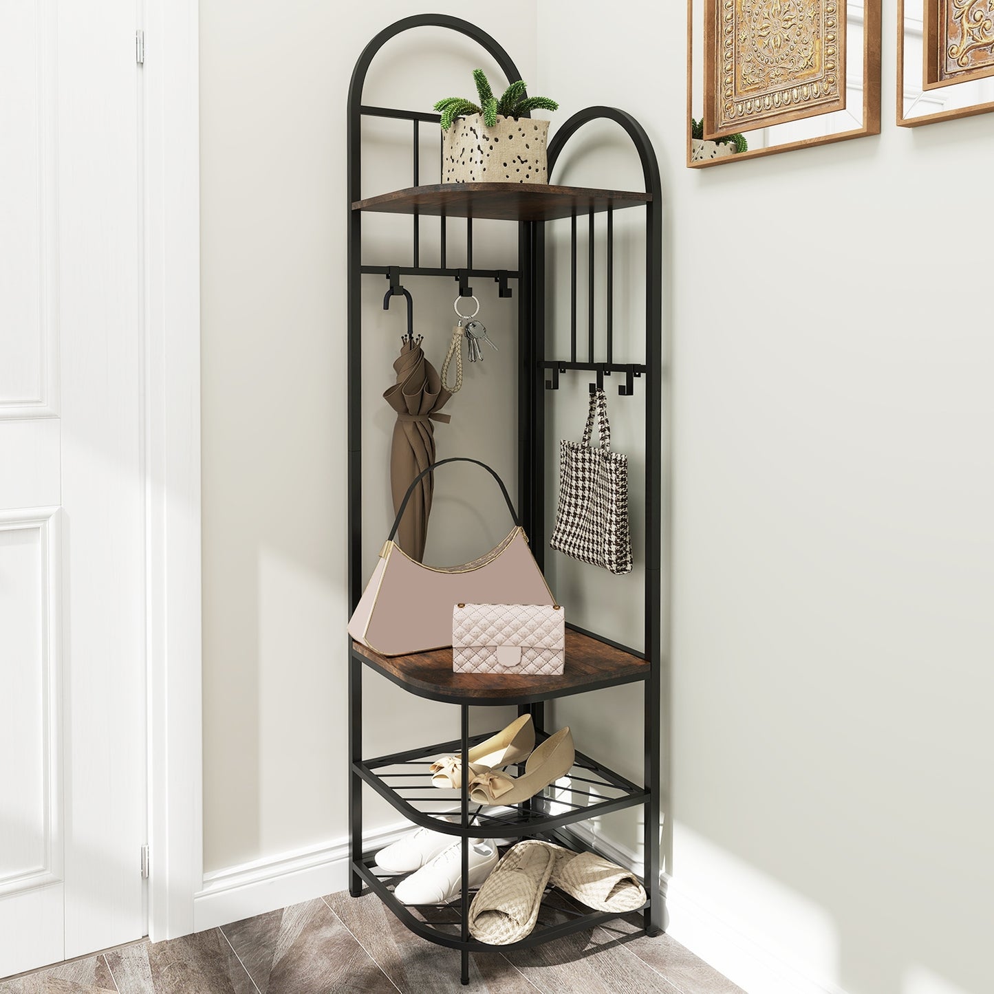 4-Tier Coat Rack Corner Hall Tree with Shoe Storage Bench-Rustic Brown Kids Crystal