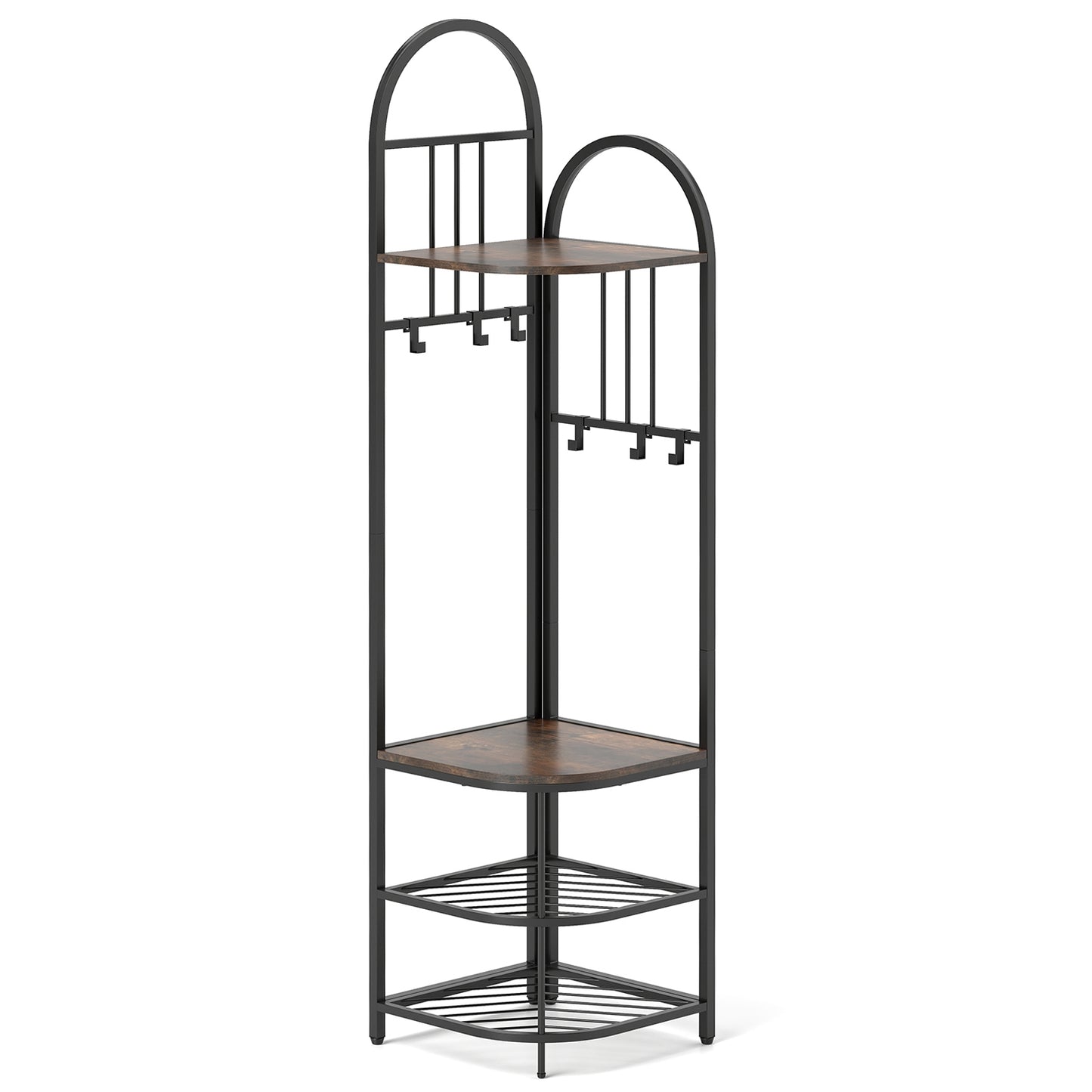 4-Tier Coat Rack Corner Hall Tree with Shoe Storage Bench-Rustic Brown Kids Crystal