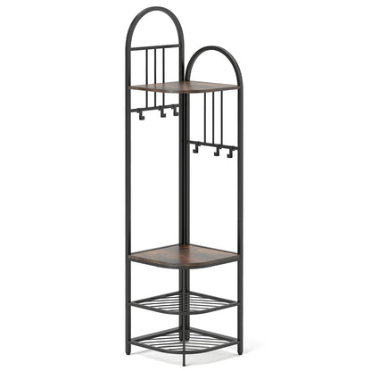 4-Tier Coat Rack Corner Hall Tree with Shoe Storage Bench-Rustic Brown