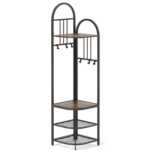 4-Tier Coat Rack Corner Hall Tree with Shoe Storage Bench-Rustic Brown Kids Crystal