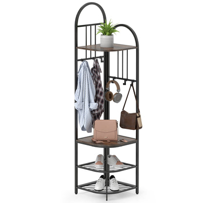 4-Tier Coat Rack Corner Hall Tree with Shoe Storage Bench-Rustic Brown