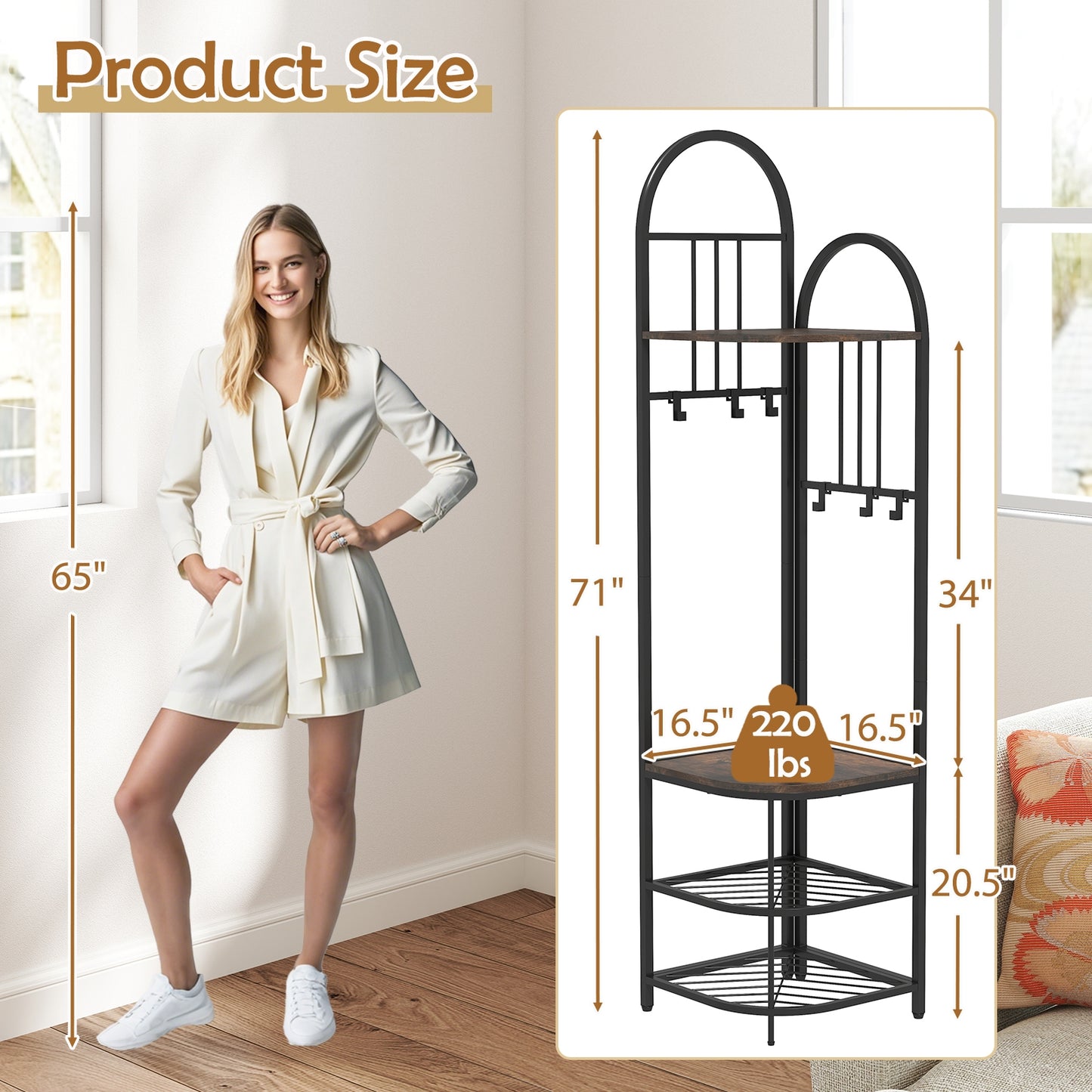 4-Tier Coat Rack Corner Hall Tree with Shoe Storage Bench-Rustic Brown Kids Crystal