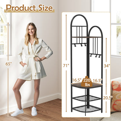 4-Tier Coat Rack Corner Hall Tree with Shoe Storage Bench-Rustic Brown