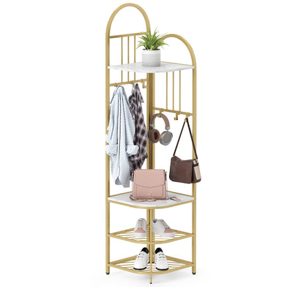4-Tier Coat Rack Corner Hall Tree with Shoe Storage Bench-White