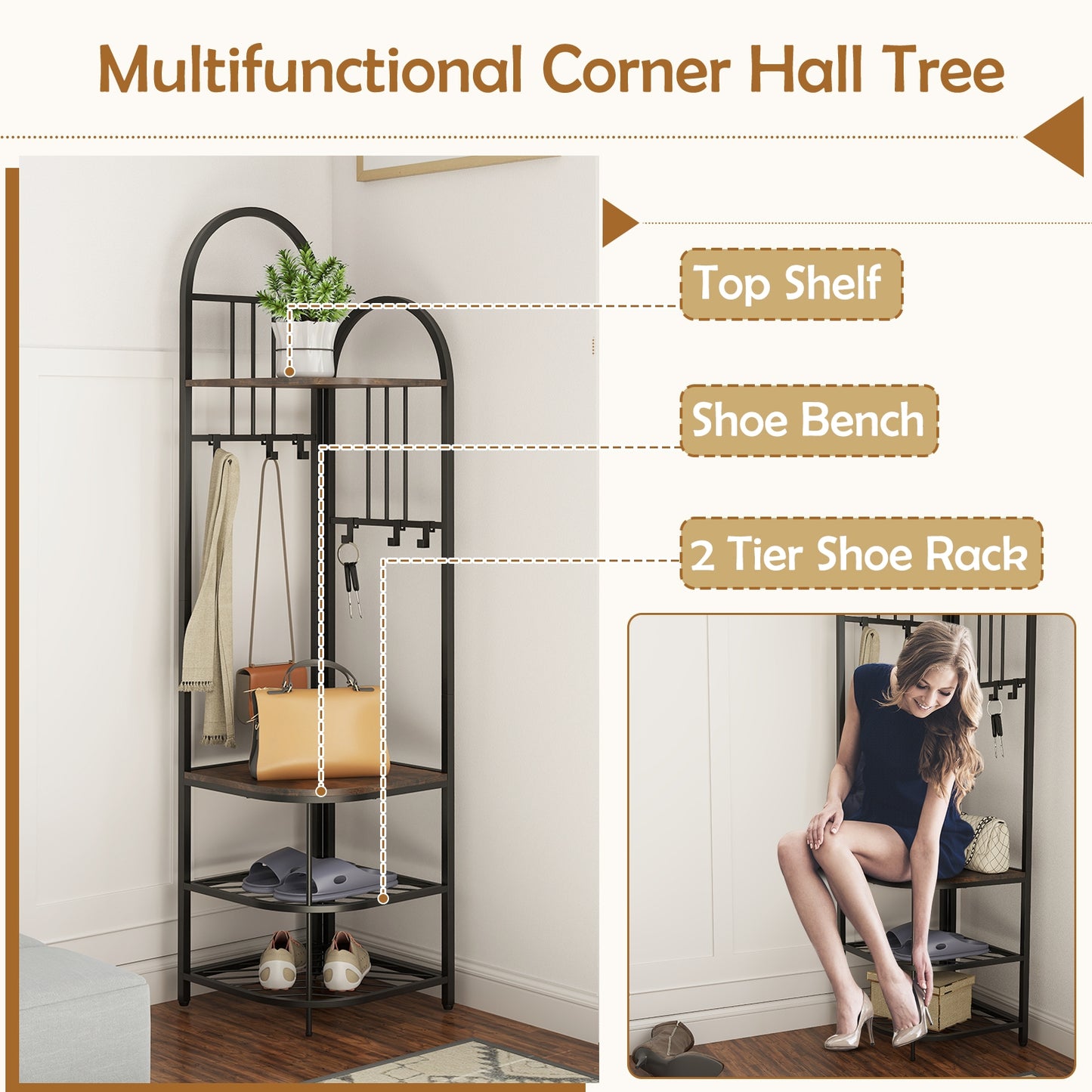 4-Tier Coat Rack Corner Hall Tree with Shoe Storage Bench-Rustic Brown Kids Crystal