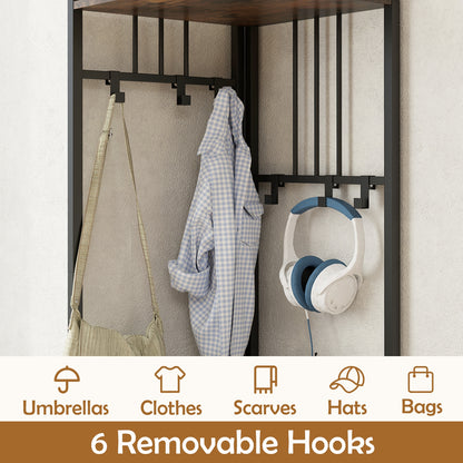 4-Tier Coat Rack Corner Hall Tree with Shoe Storage Bench-Rustic Brown