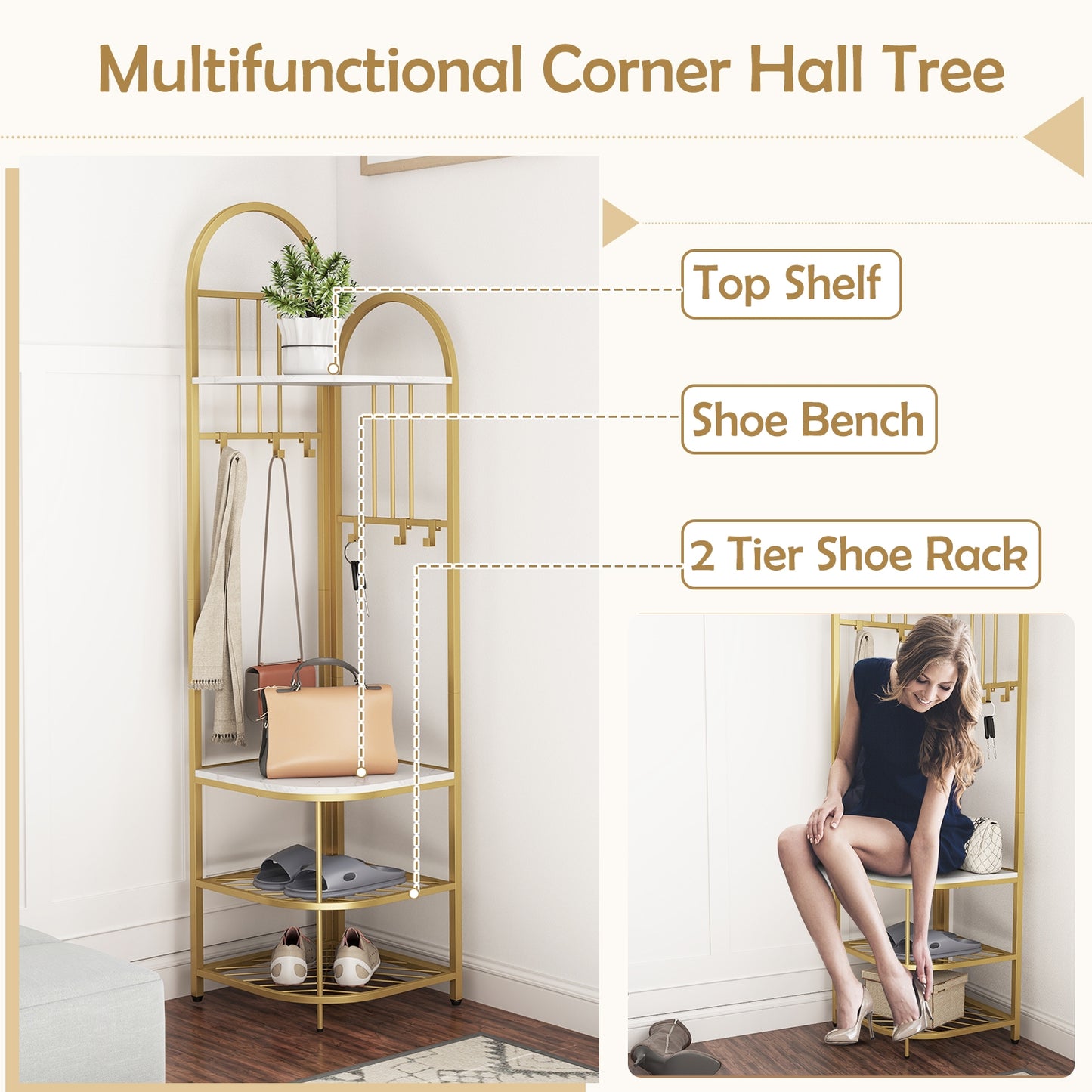 4-Tier Coat Rack Corner Hall Tree with Shoe Storage Bench-White Kids Crystal