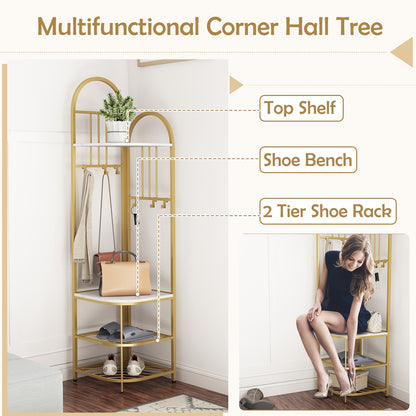 4-Tier Coat Rack Corner Hall Tree with Shoe Storage Bench-White