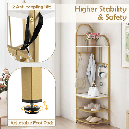 4-Tier Coat Rack Corner Hall Tree with Shoe Storage Bench-White