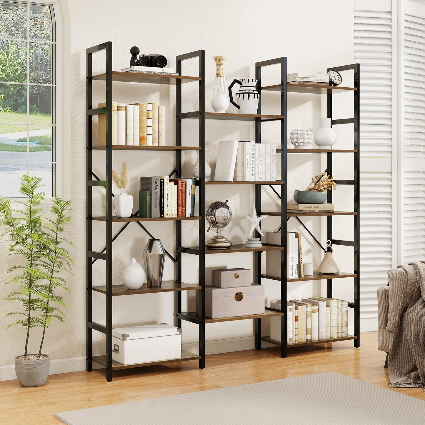 5-tier Triple Wide Heavy-duty Metal Frame Industrial Bookshelf-Rustic Brown Kids Crystal
