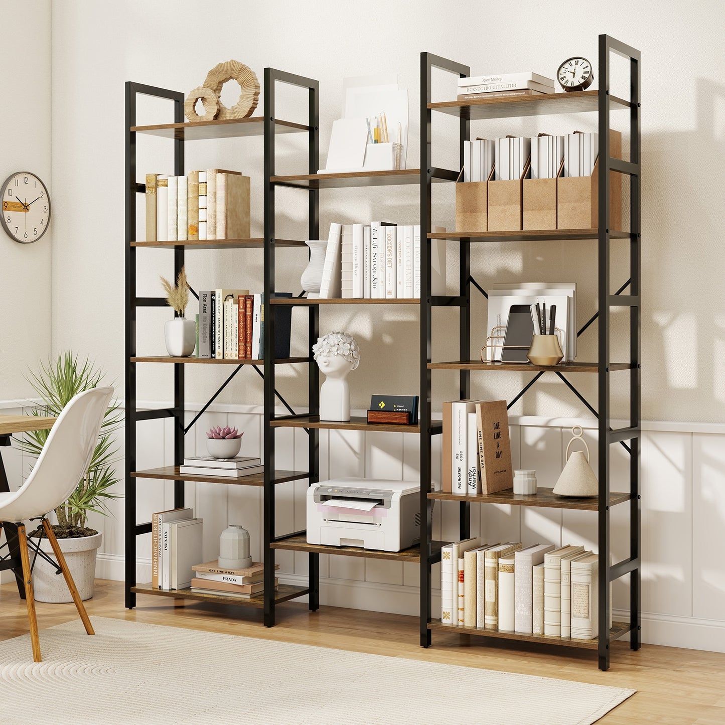 5-tier Triple Wide Heavy-duty Metal Frame Industrial Bookshelf-Rustic Brown Kids Crystal