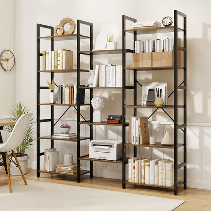 5-tier Triple Wide Heavy-duty Metal Frame Industrial Bookshelf-Rustic Brown