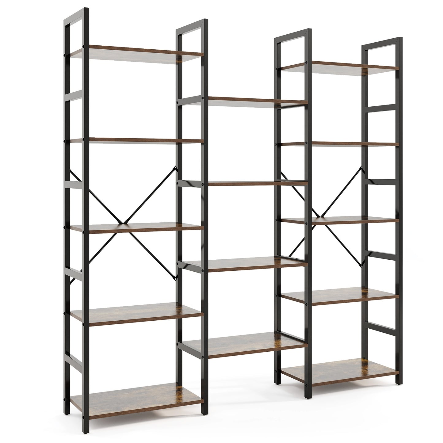 5-tier Triple Wide Heavy-duty Metal Frame Industrial Bookshelf-Rustic Brown Kids Crystal