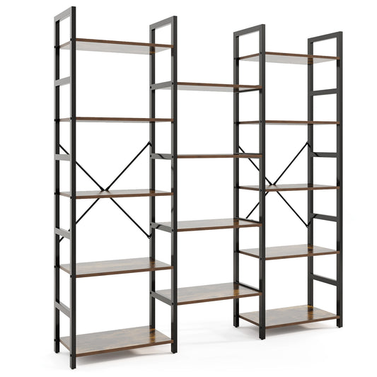 5-tier Triple Wide Heavy-duty Metal Frame Industrial Bookshelf-Rustic Brown Kids Crystal