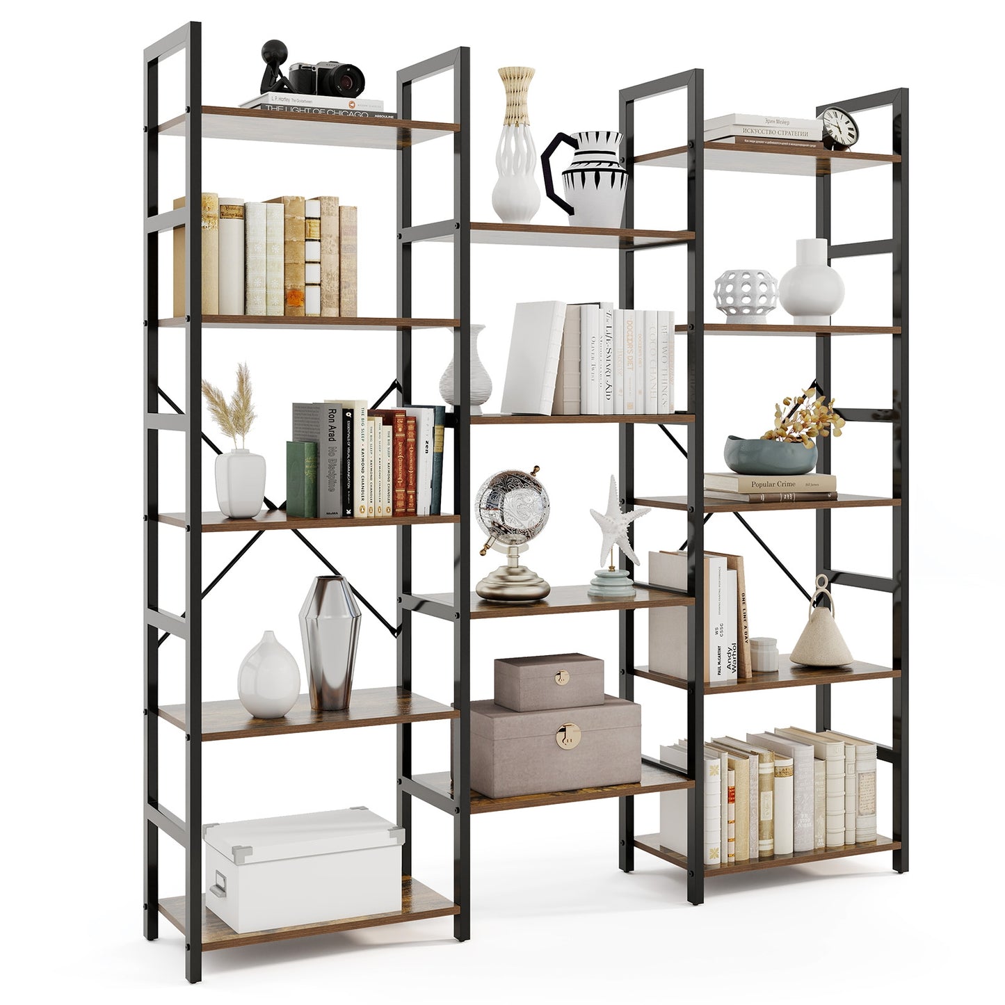 5-tier Triple Wide Heavy-duty Metal Frame Industrial Bookshelf-Rustic Brown Kids Crystal