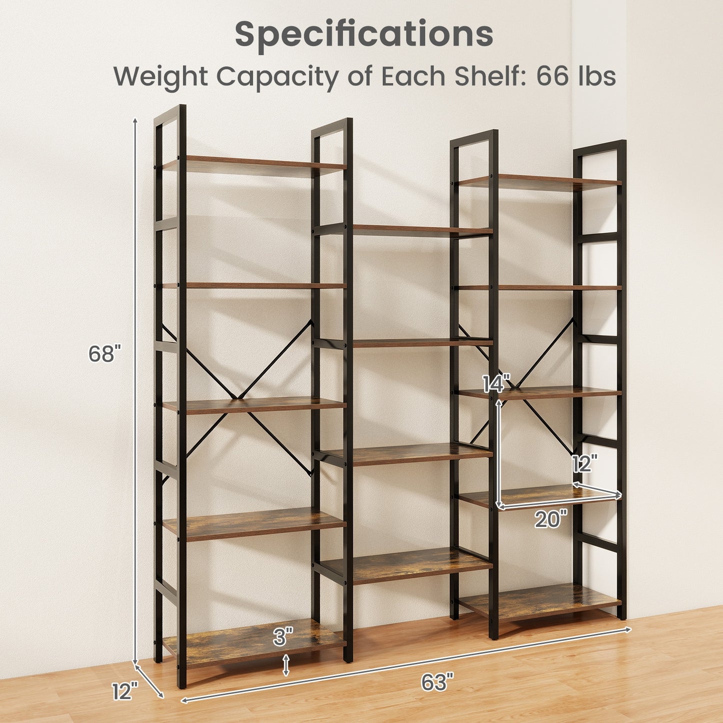 5-tier Triple Wide Heavy-duty Metal Frame Industrial Bookshelf-Rustic Brown Kids Crystal