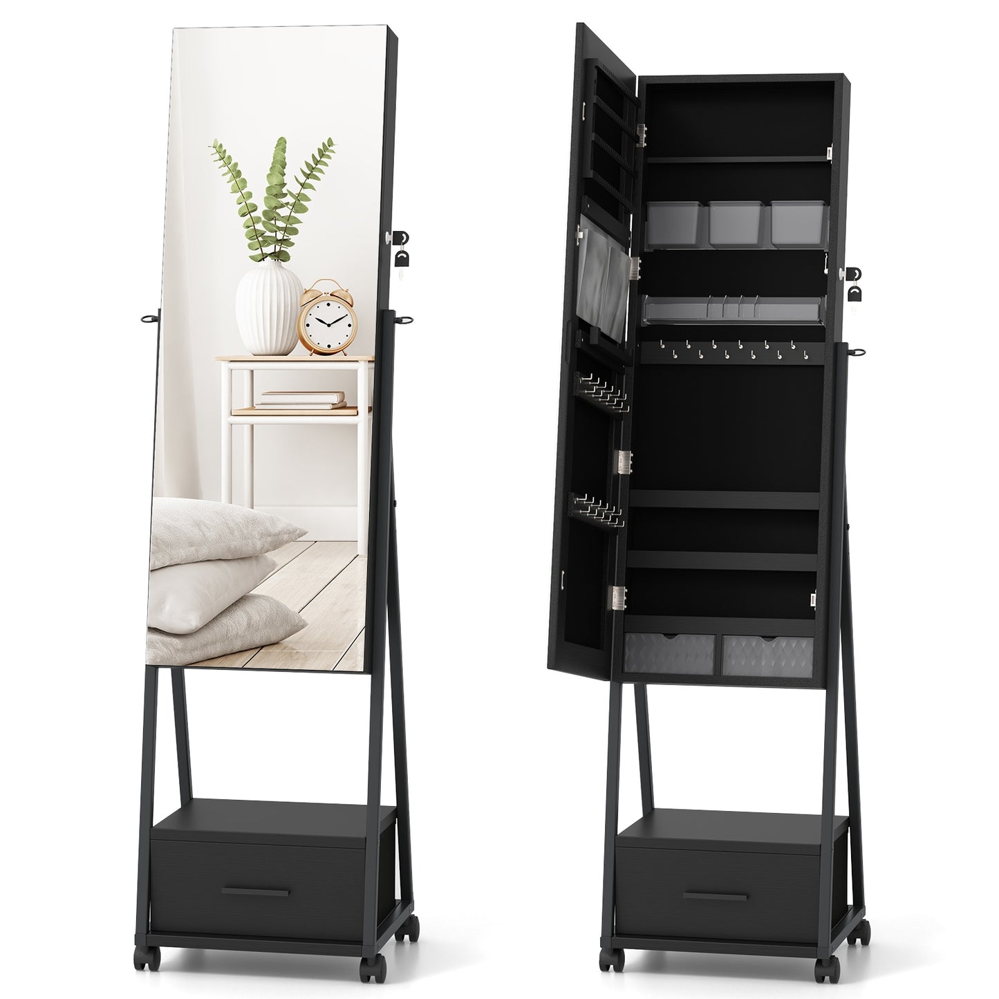 Jewelry Cabinet with Full-Length Mirror-Black Kids Crystal