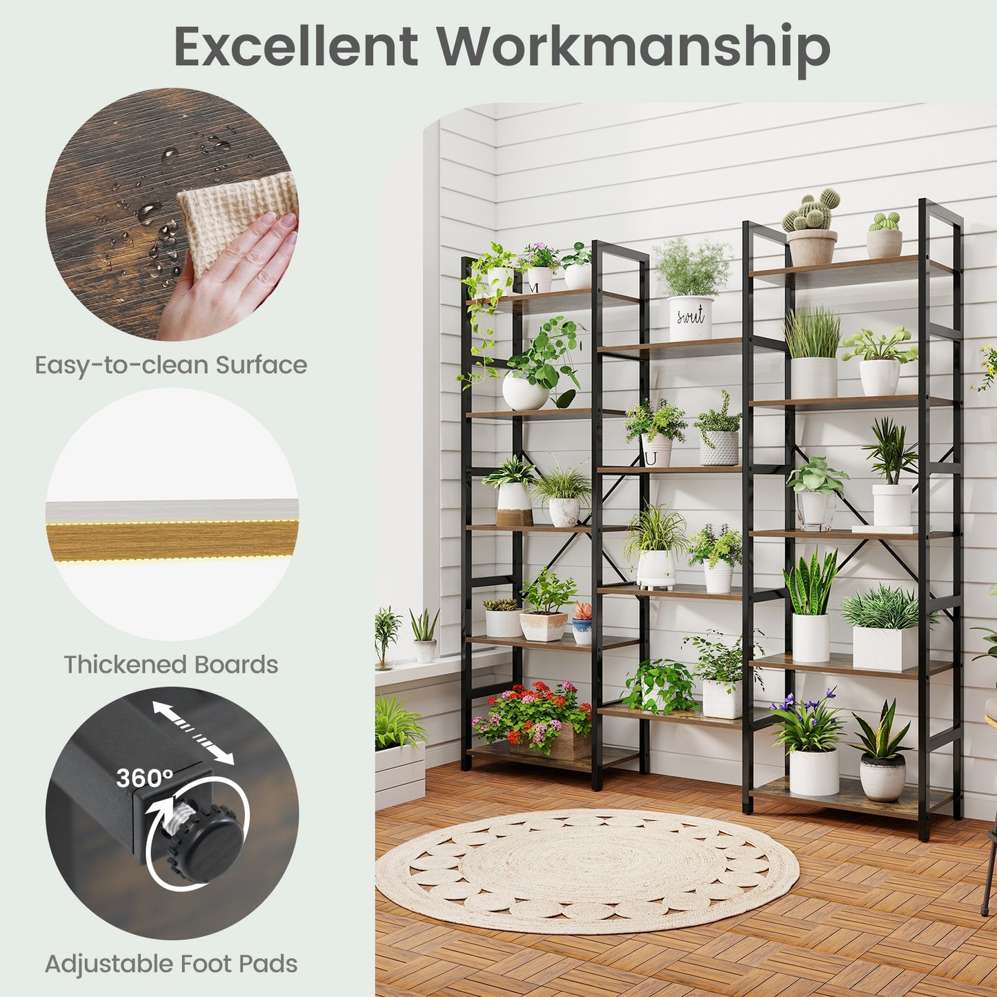 5-tier Triple Wide Heavy-duty Metal Frame Industrial Bookshelf-Rustic Brown Kids Crystal