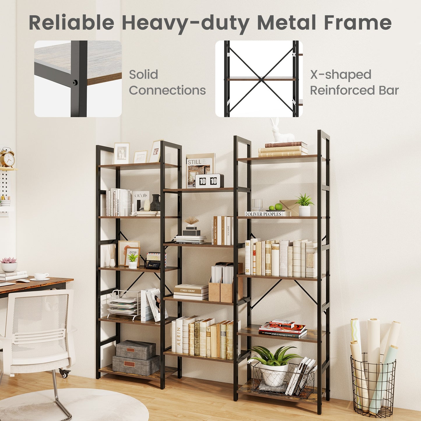 5-tier Triple Wide Heavy-duty Metal Frame Industrial Bookshelf-Rustic Brown Kids Crystal