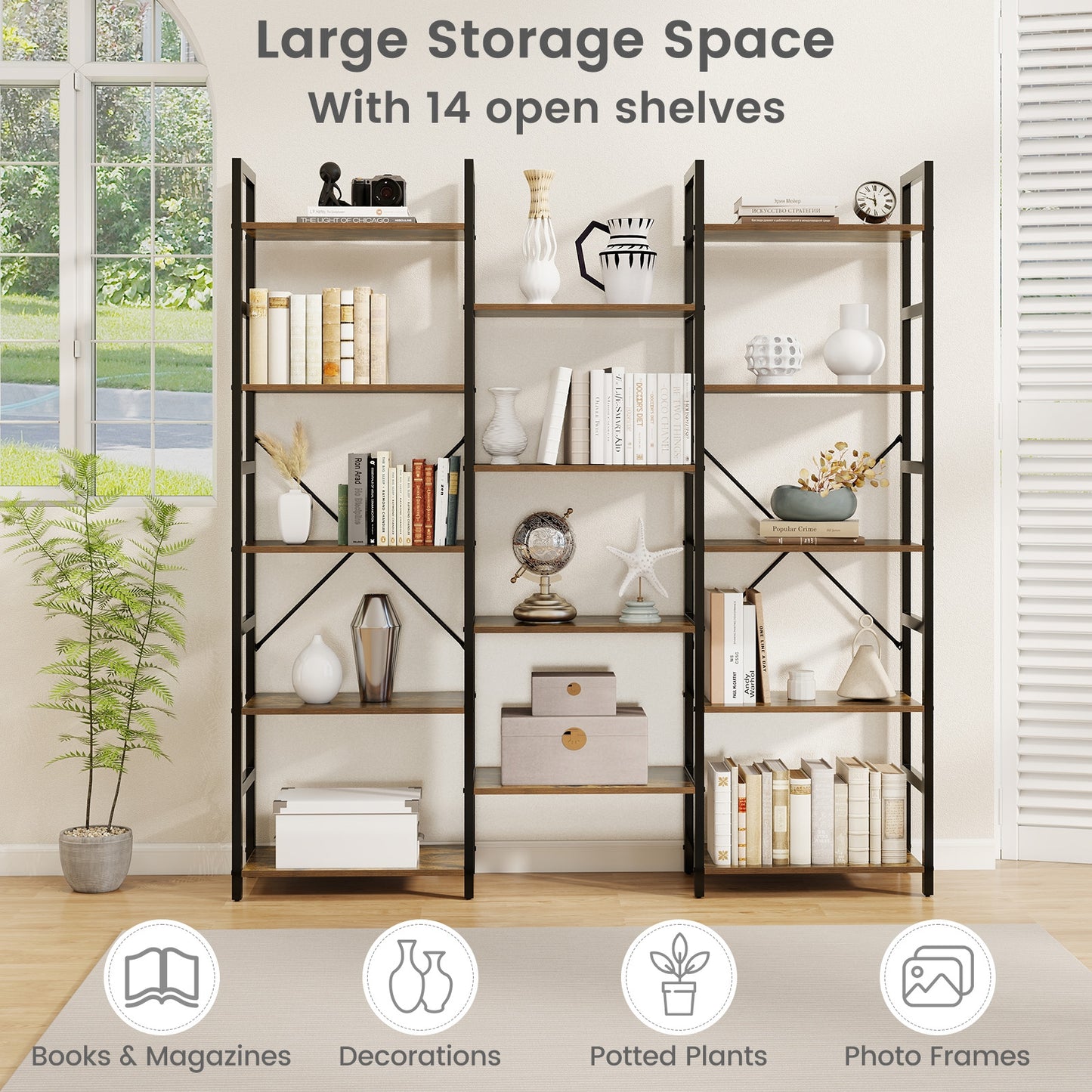 5-tier Triple Wide Heavy-duty Metal Frame Industrial Bookshelf-Rustic Brown Kids Crystal