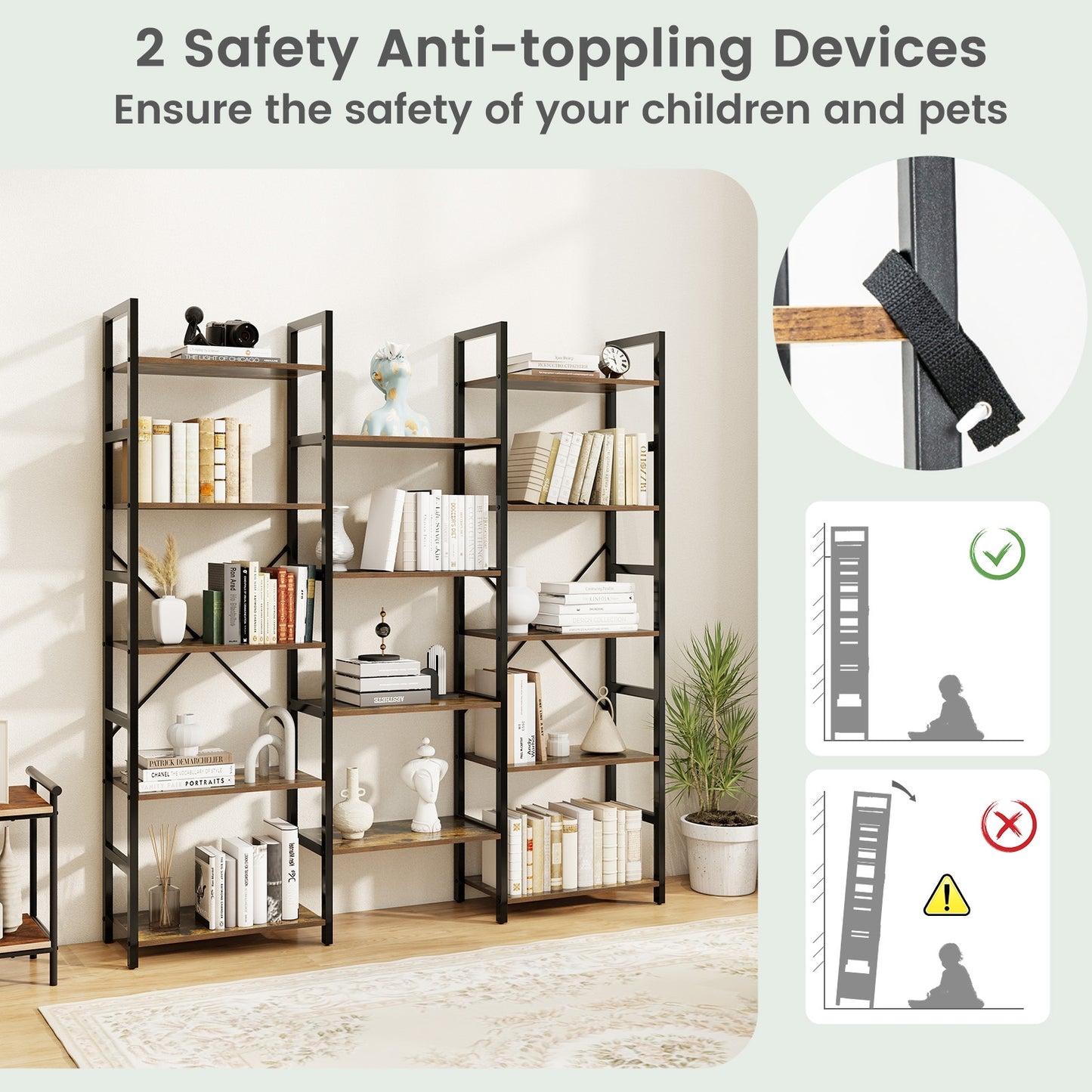 5-tier Triple Wide Heavy-duty Metal Frame Industrial Bookshelf-Rustic Brown Kids Crystal