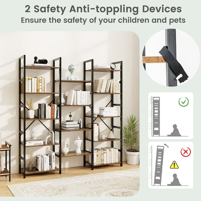 5-tier Triple Wide Heavy-duty Metal Frame Industrial Bookshelf-Rustic Brown