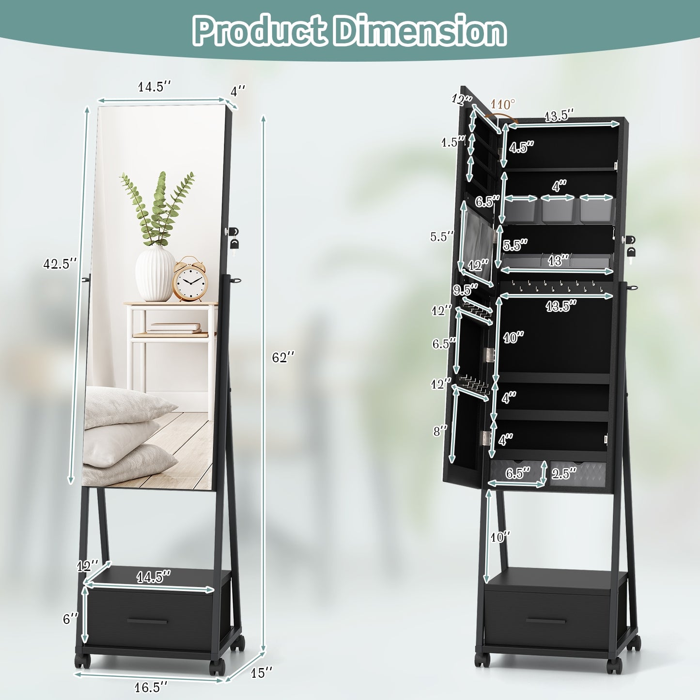Jewelry Cabinet with Full-Length Mirror-Black Kids Crystal