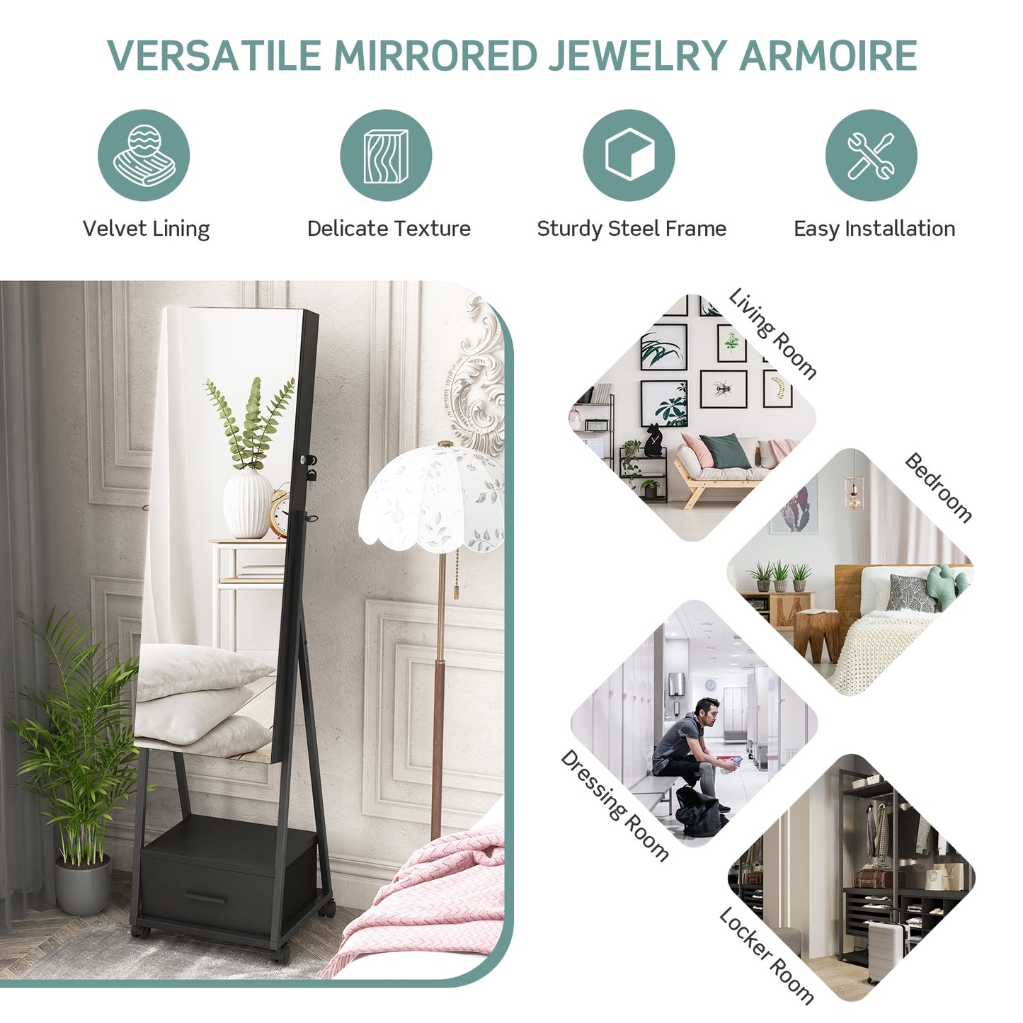 Jewelry Cabinet with Full-Length Mirror-Black Kids Crystal