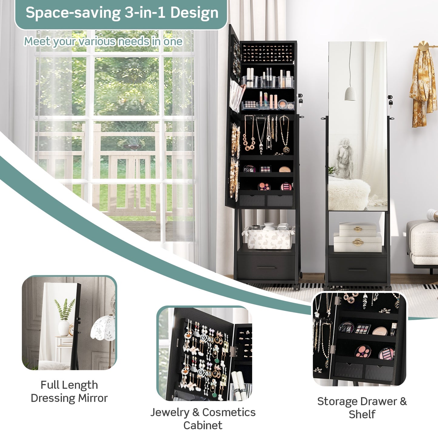 Jewelry Cabinet with Full-Length Mirror-Black Kids Crystal