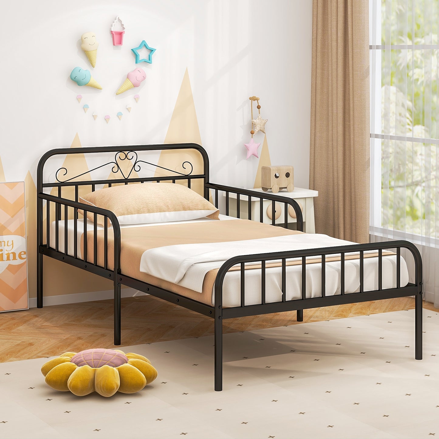 Twin Size Bed Frame with Headboard and Safety Side Guardrails-Black Kids Crystal