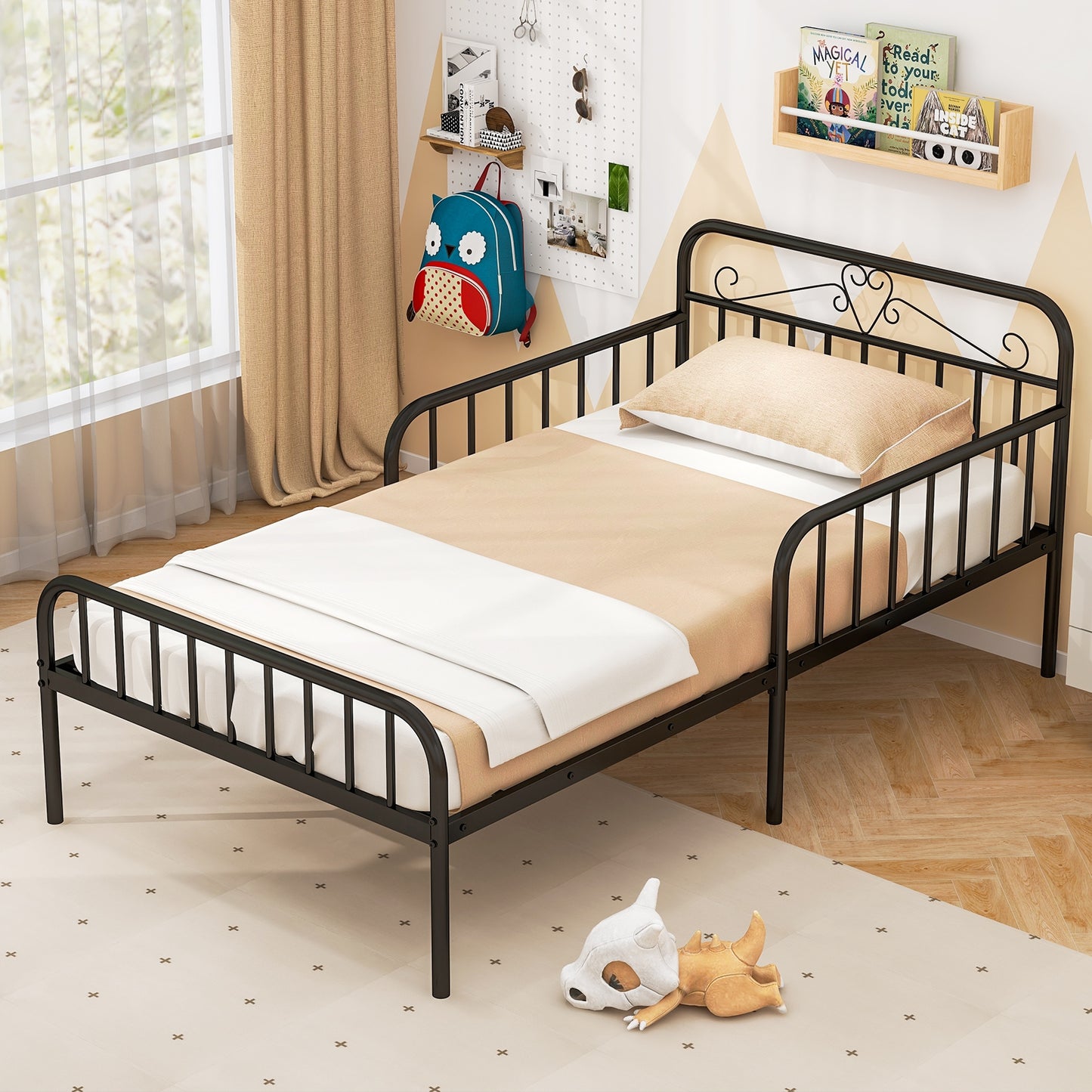 Twin Size Bed Frame with Headboard and Safety Side Guardrails-Black Kids Crystal