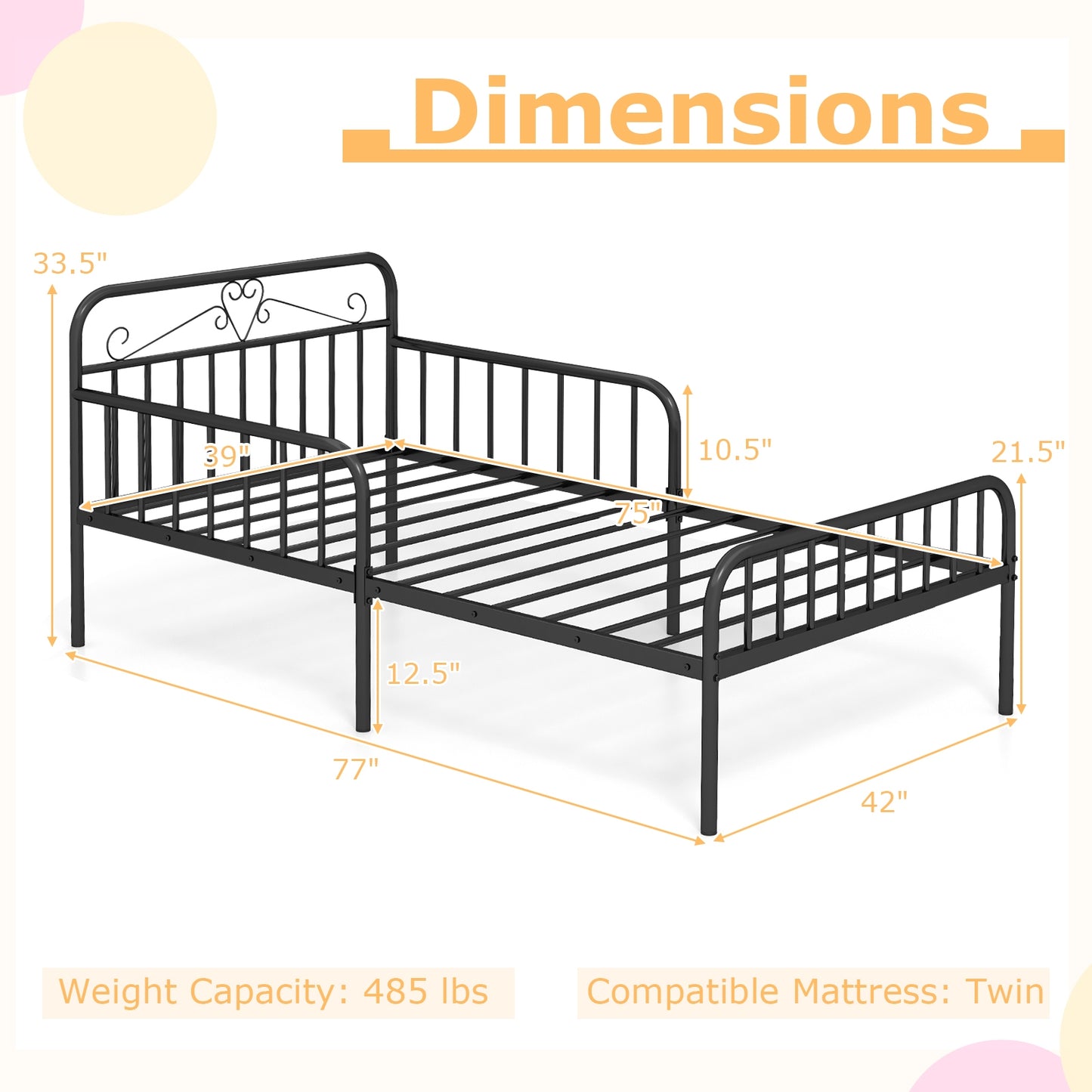 Twin Size Bed Frame with Headboard and Safety Side Guardrails-Black Kids Crystal