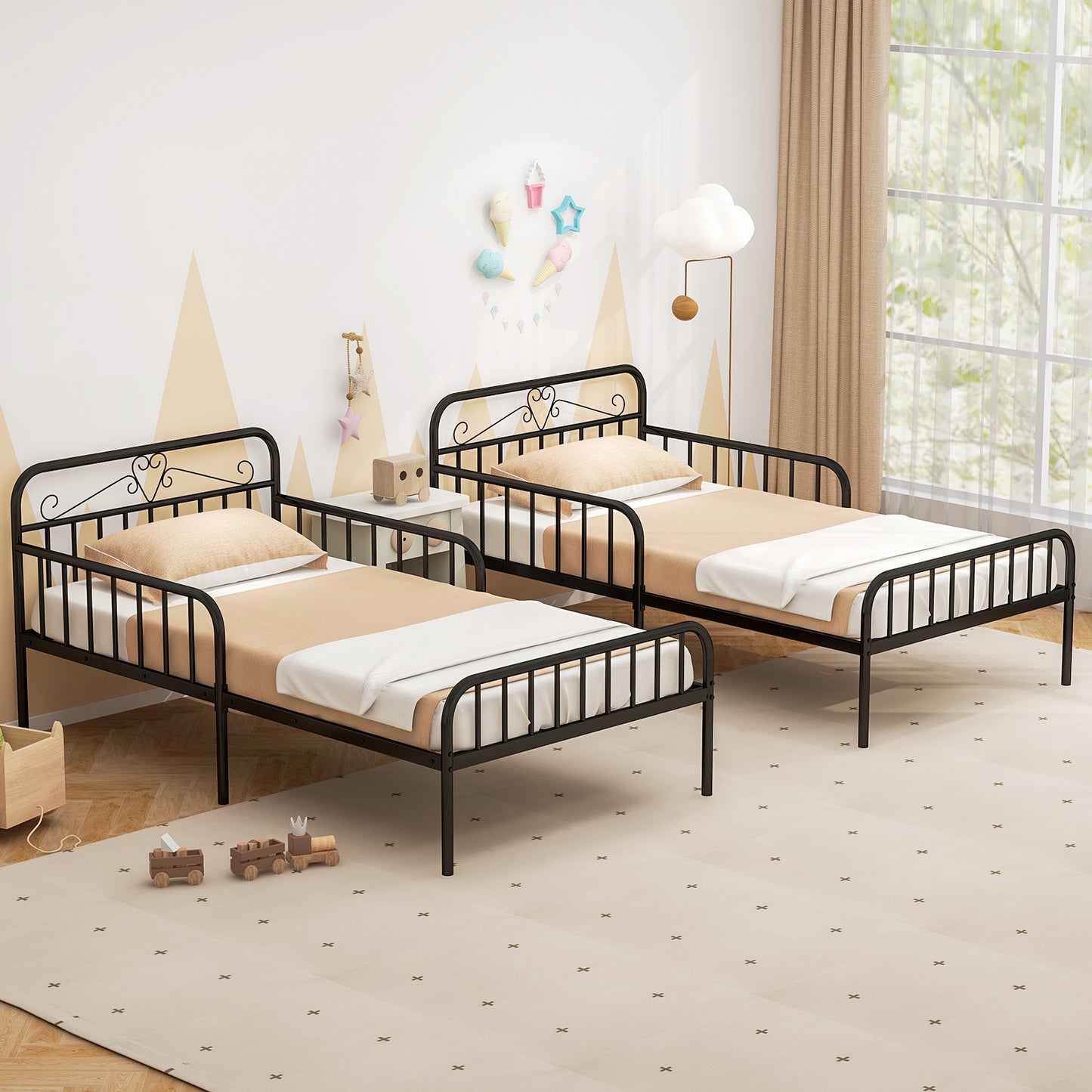 Twin Size Bed Frame with Headboard and Safety Side Guardrails-Black Kids Crystal