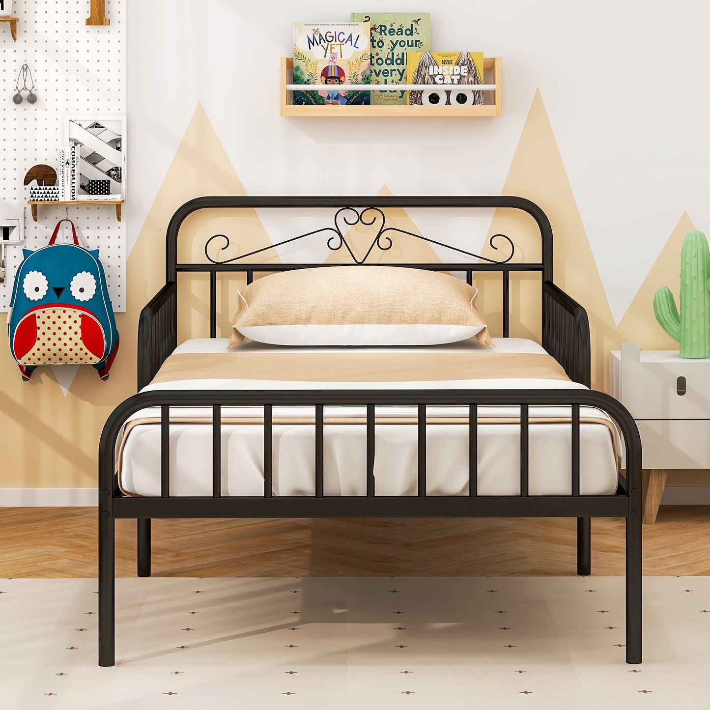 Twin Size Bed Frame with Headboard and Safety Side Guardrails-Black Kids Crystal