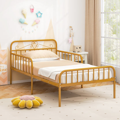 Twin Size Bed Frame with Headboard and Safety Side Guardrails-Gold