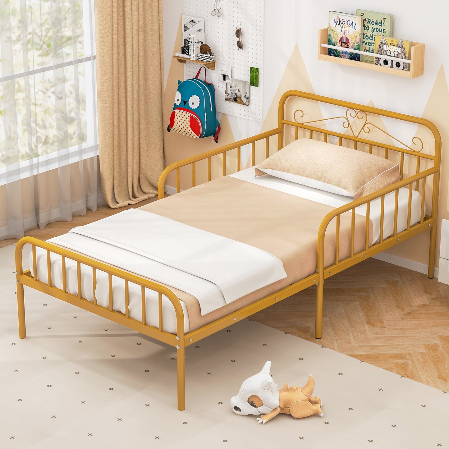 Twin Size Bed Frame with Headboard and Safety Side Guardrails-Gold Kids Crystal