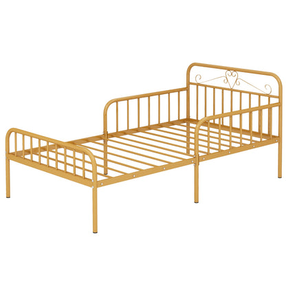 Twin Size Bed Frame with Headboard and Safety Side Guardrails-Gold