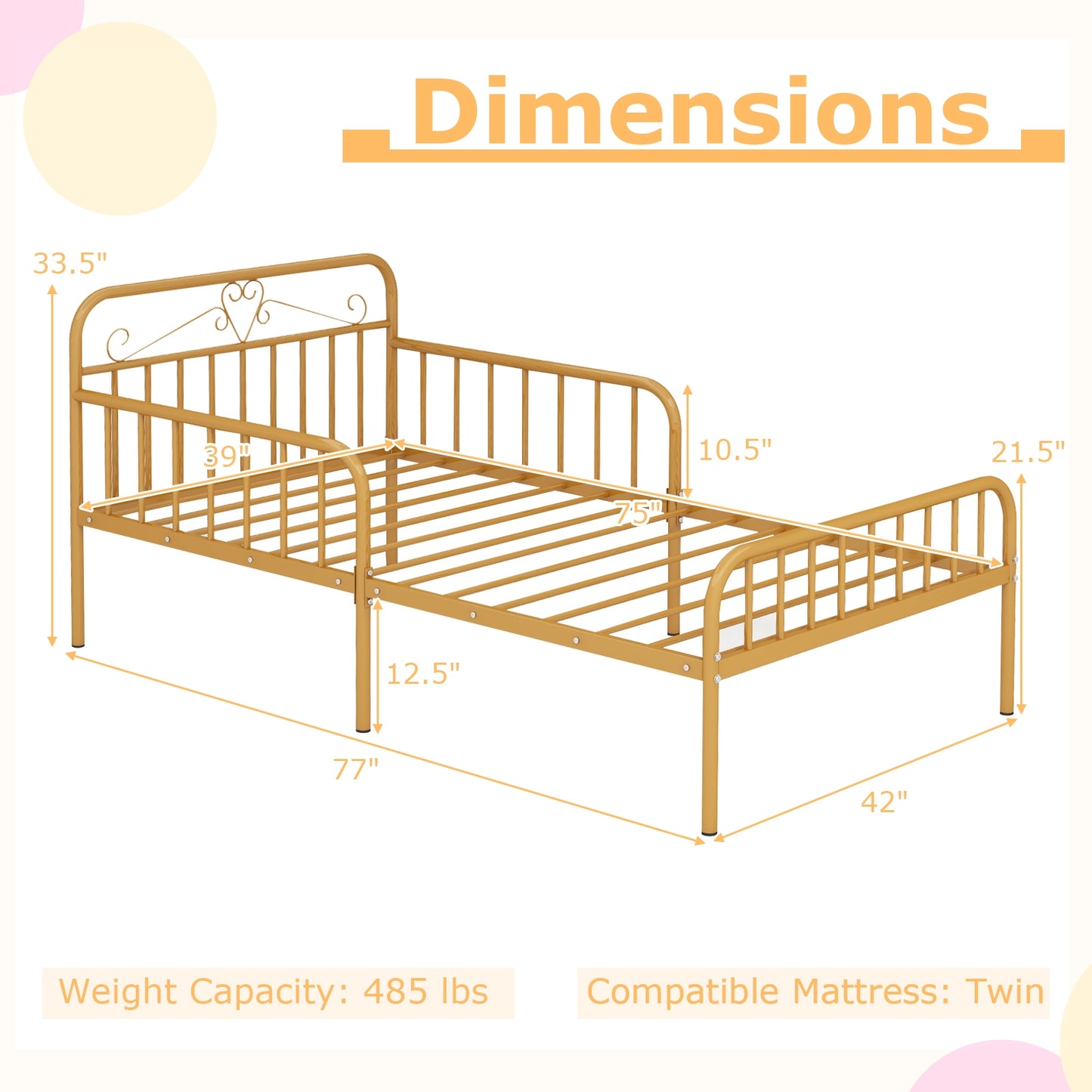 Twin Size Bed Frame with Headboard and Safety Side Guardrails-Gold Kids Crystal