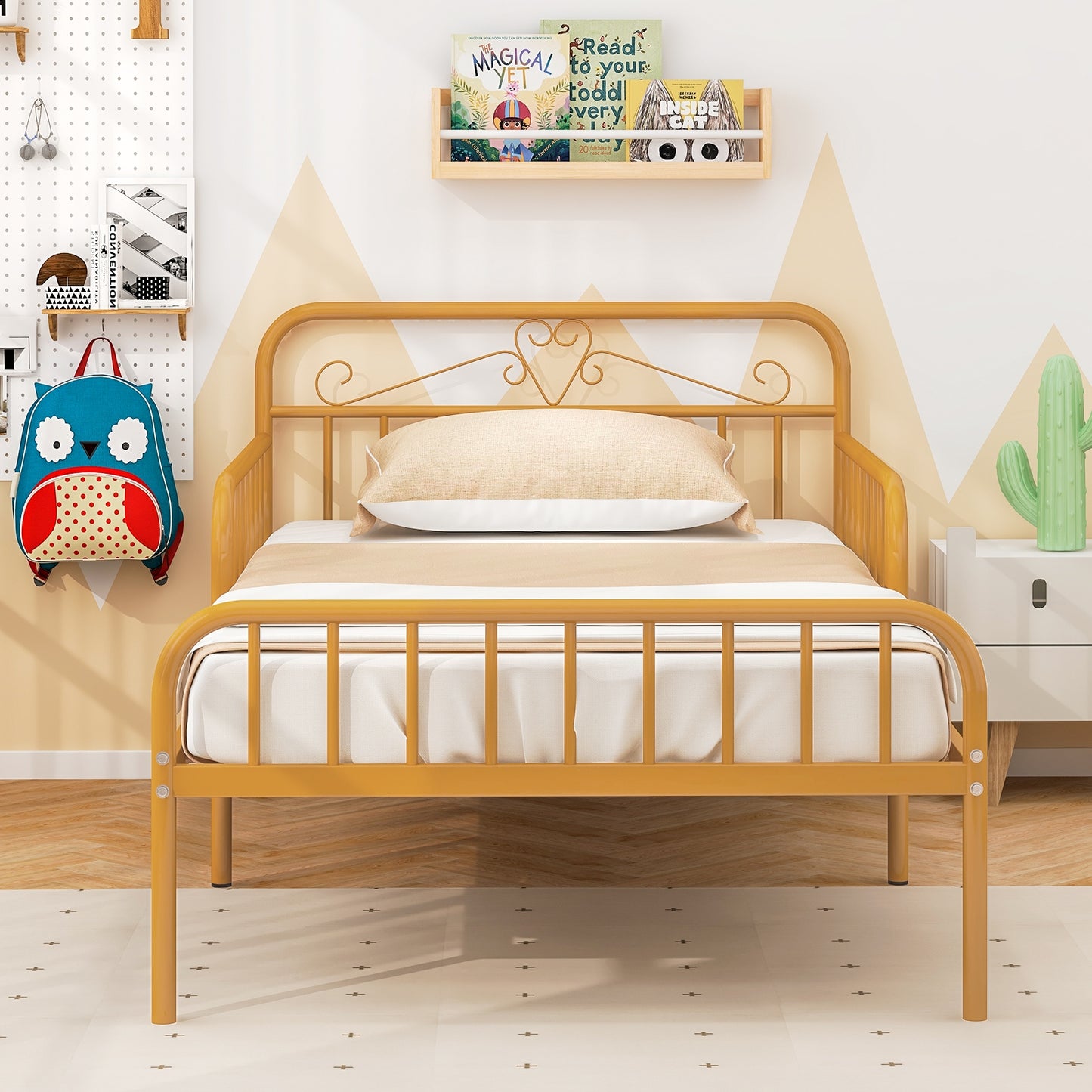 Twin Size Bed Frame with Headboard and Safety Side Guardrails-Gold Kids Crystal
