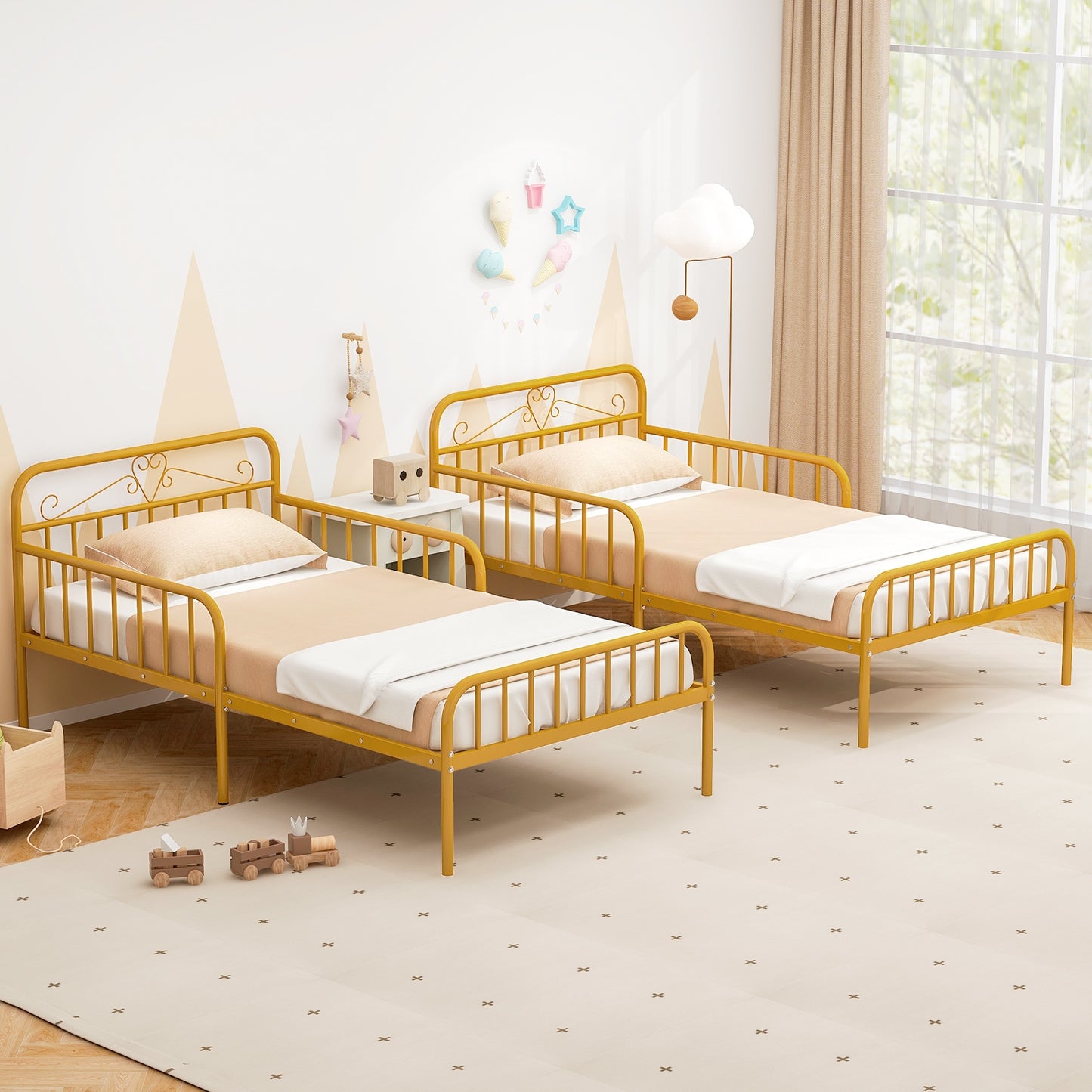 Twin Size Bed Frame with Headboard and Safety Side Guardrails-Gold Kids Crystal